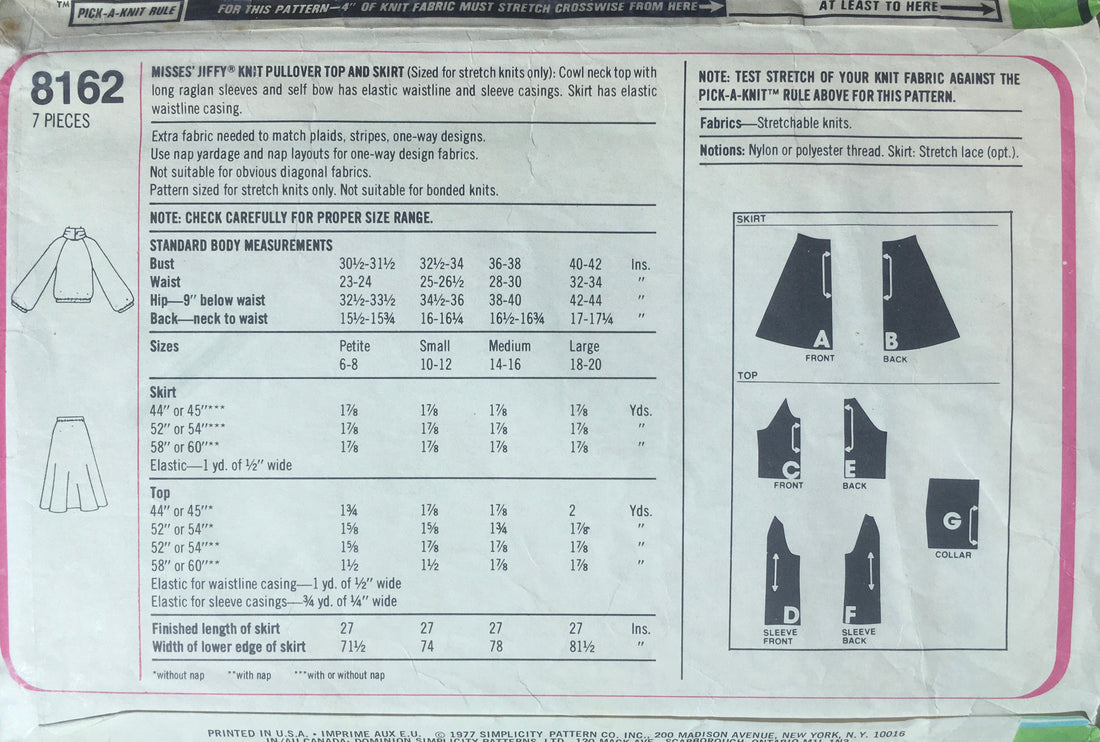 Simplicity 8162 Sewing Pattern (Vintage) CUT