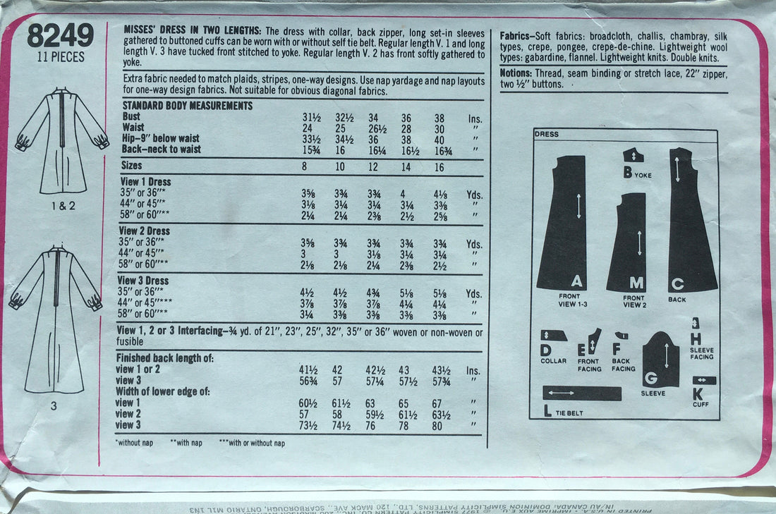 Simplicity 8249 Sewing Pattern (Vintage) CUT