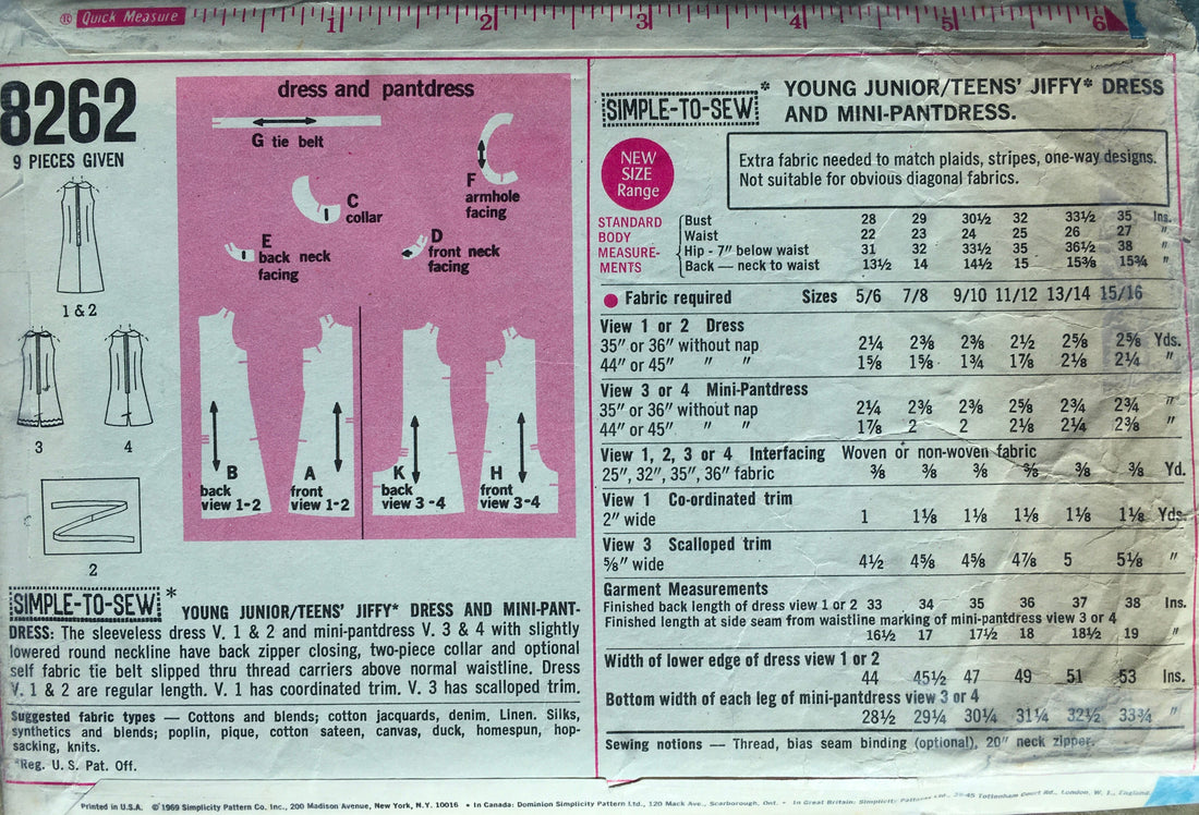 Simplicity 8262 Sewing Pattern (Vintage) CUT