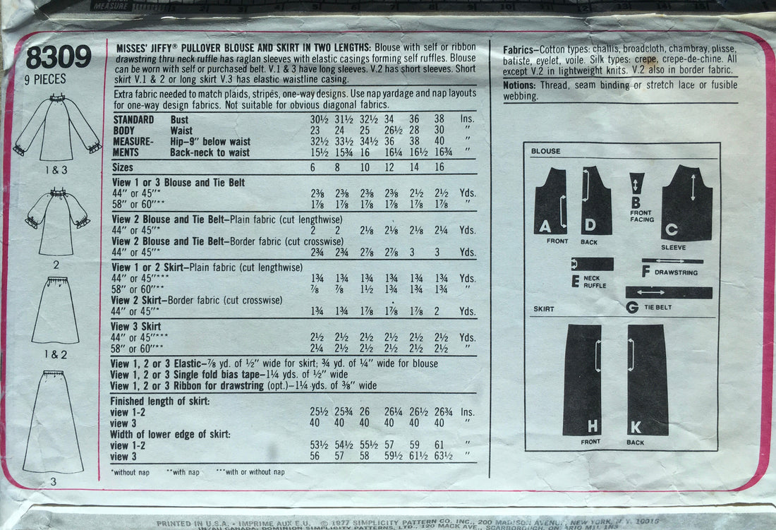Simplicity 8309 Sewing Pattern (Vintage) CUT