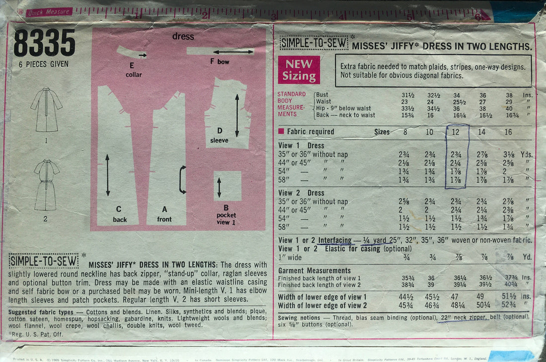 Simplicity 8335 Sewing Pattern (Vintage) CUT