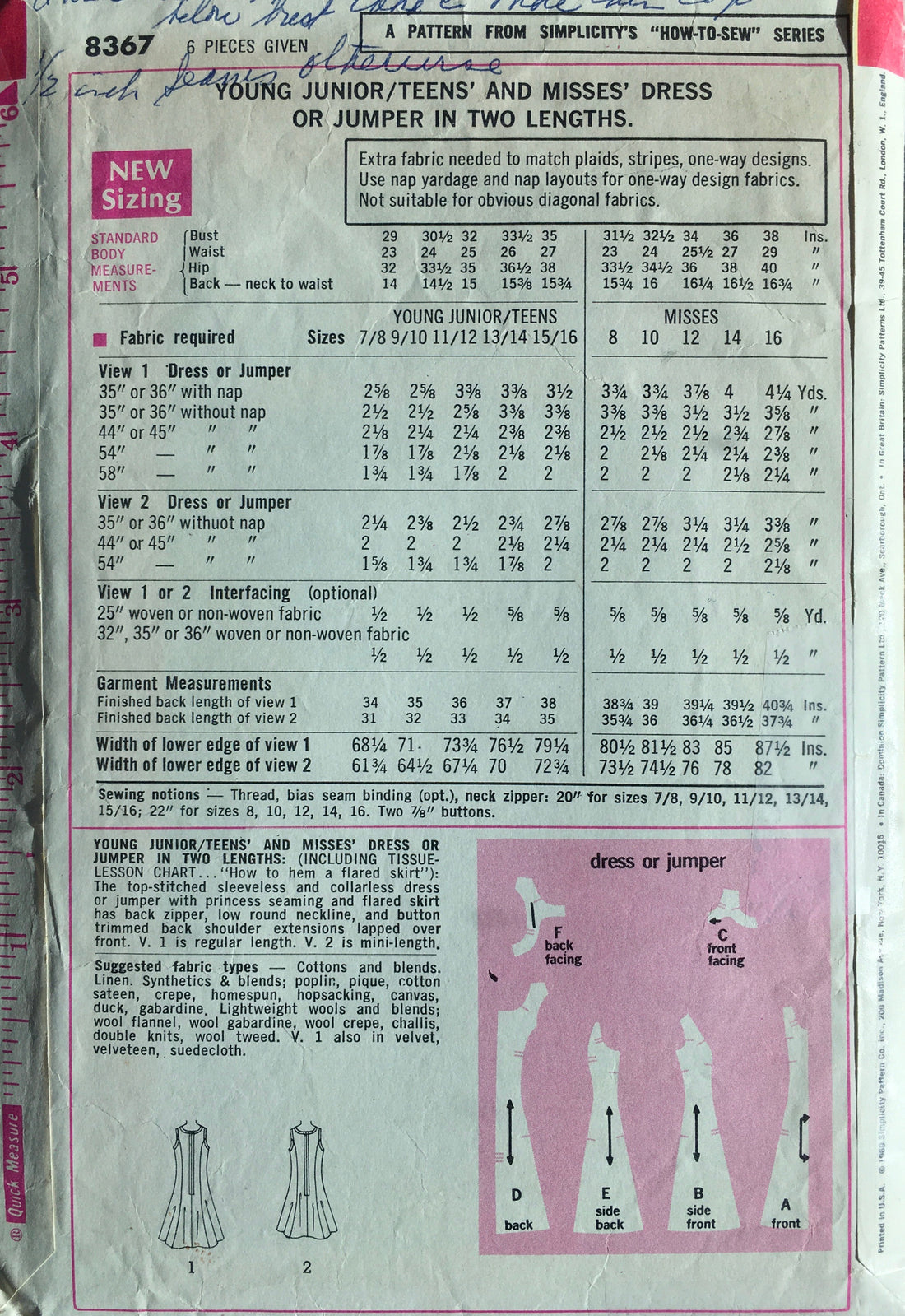 Simplicity 8367 Sewing Pattern (Vintage) CUT