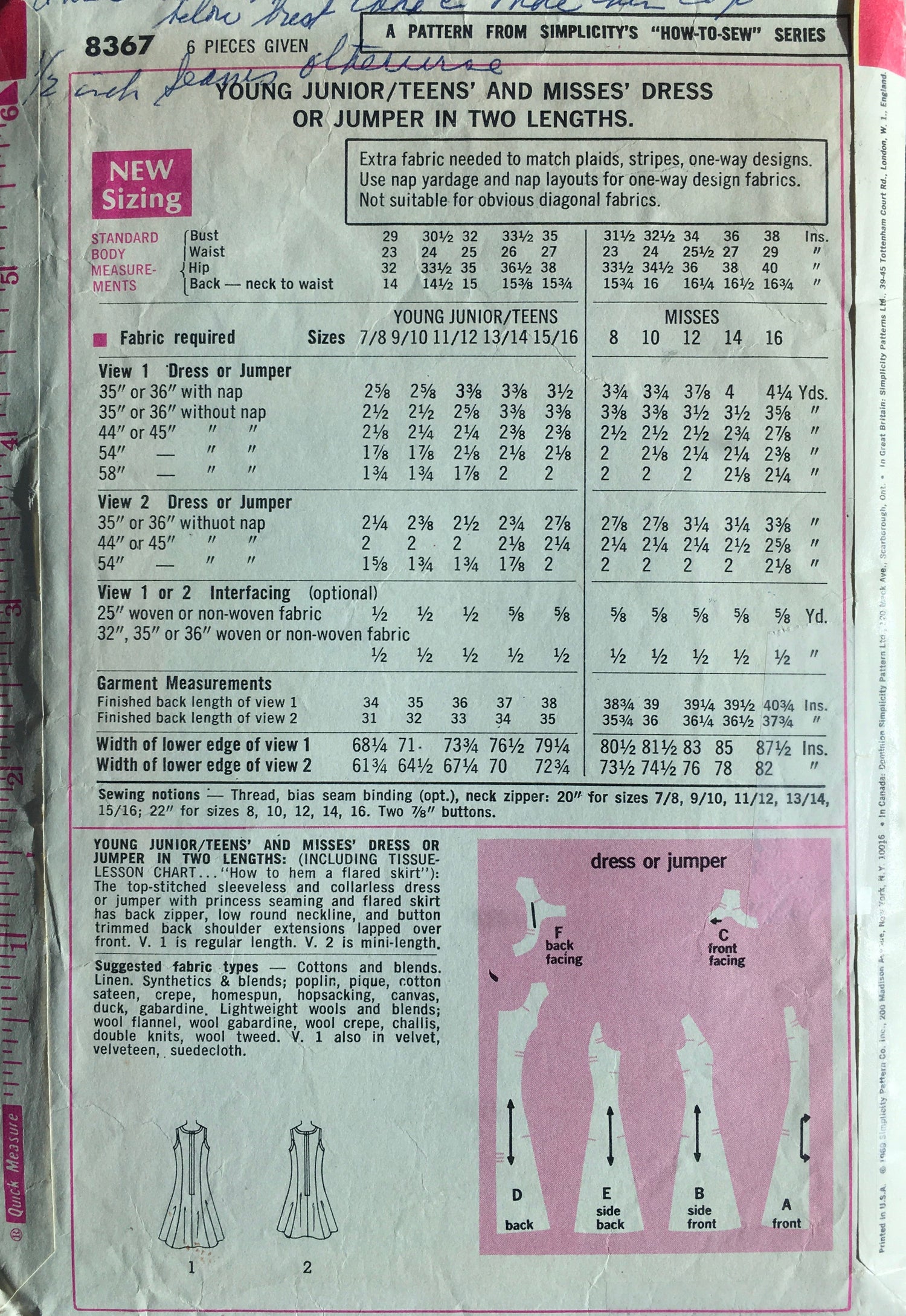 Simplicity 8367 Sewing Pattern (Vintage) CUT
