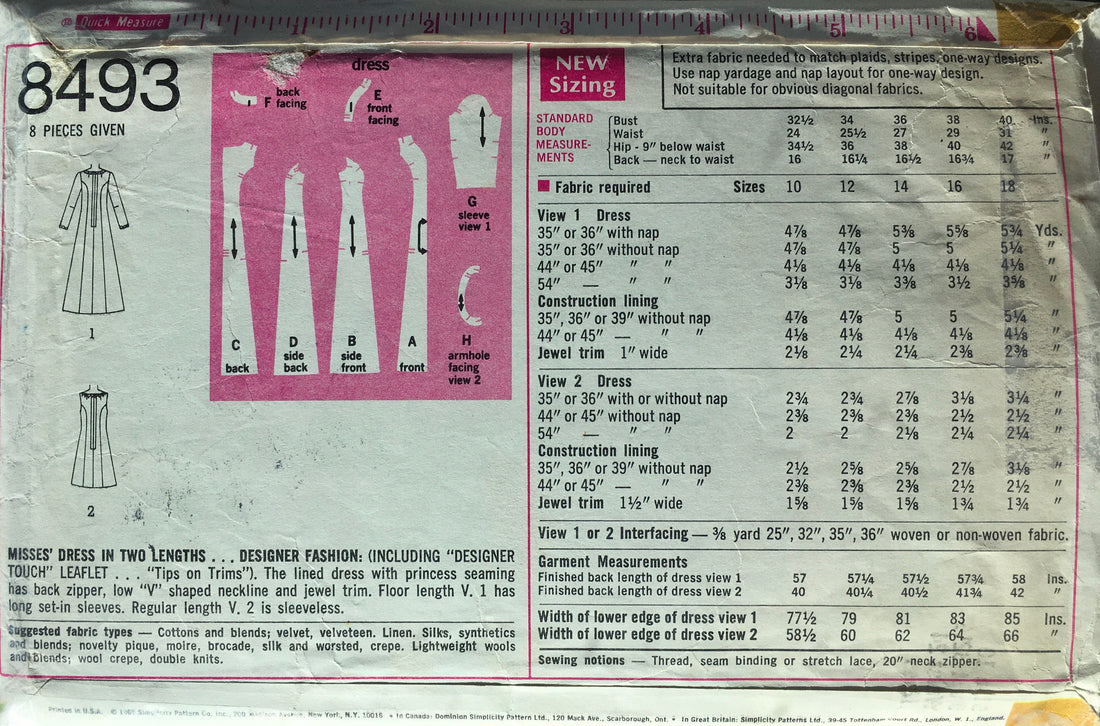 Simplicity 8493 Sewing Pattern (Vintage) CUT