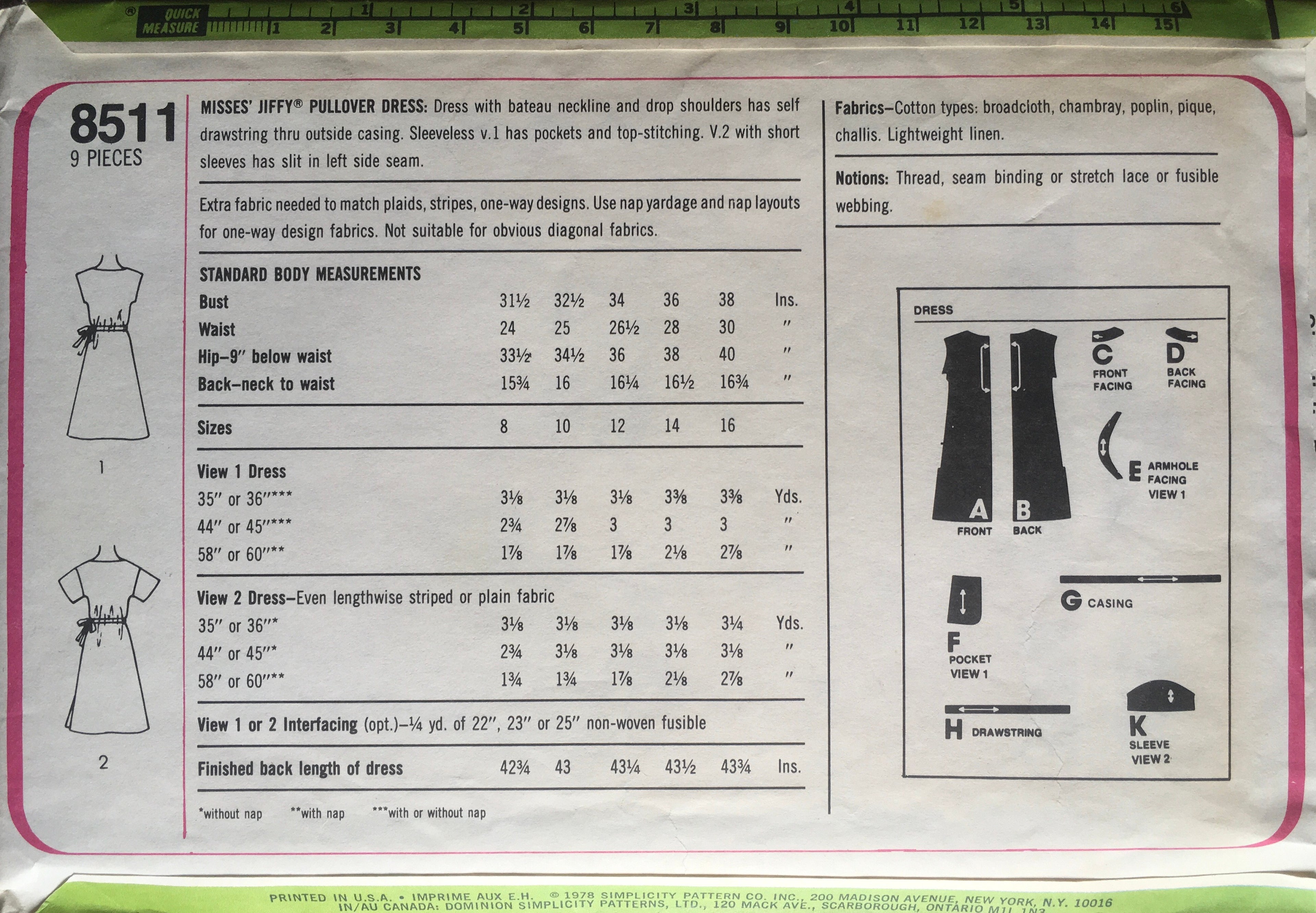 Simplicity 8511 Sewing Pattern (Vintage) CUT