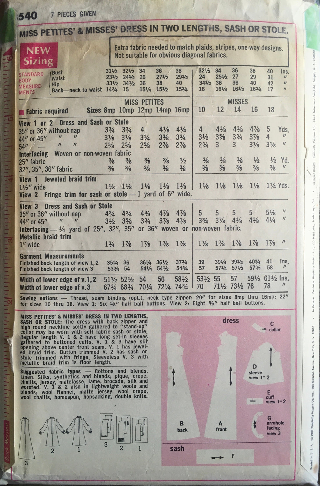 Simplicity 8540 Sewing Pattern (Vintage) CUT