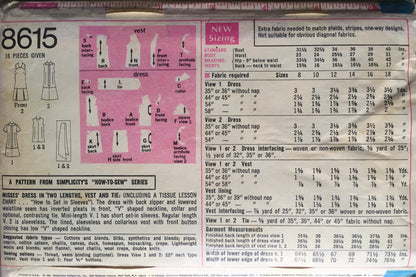 Simplicity 8615 Sewing Pattern (Vintage) CUT