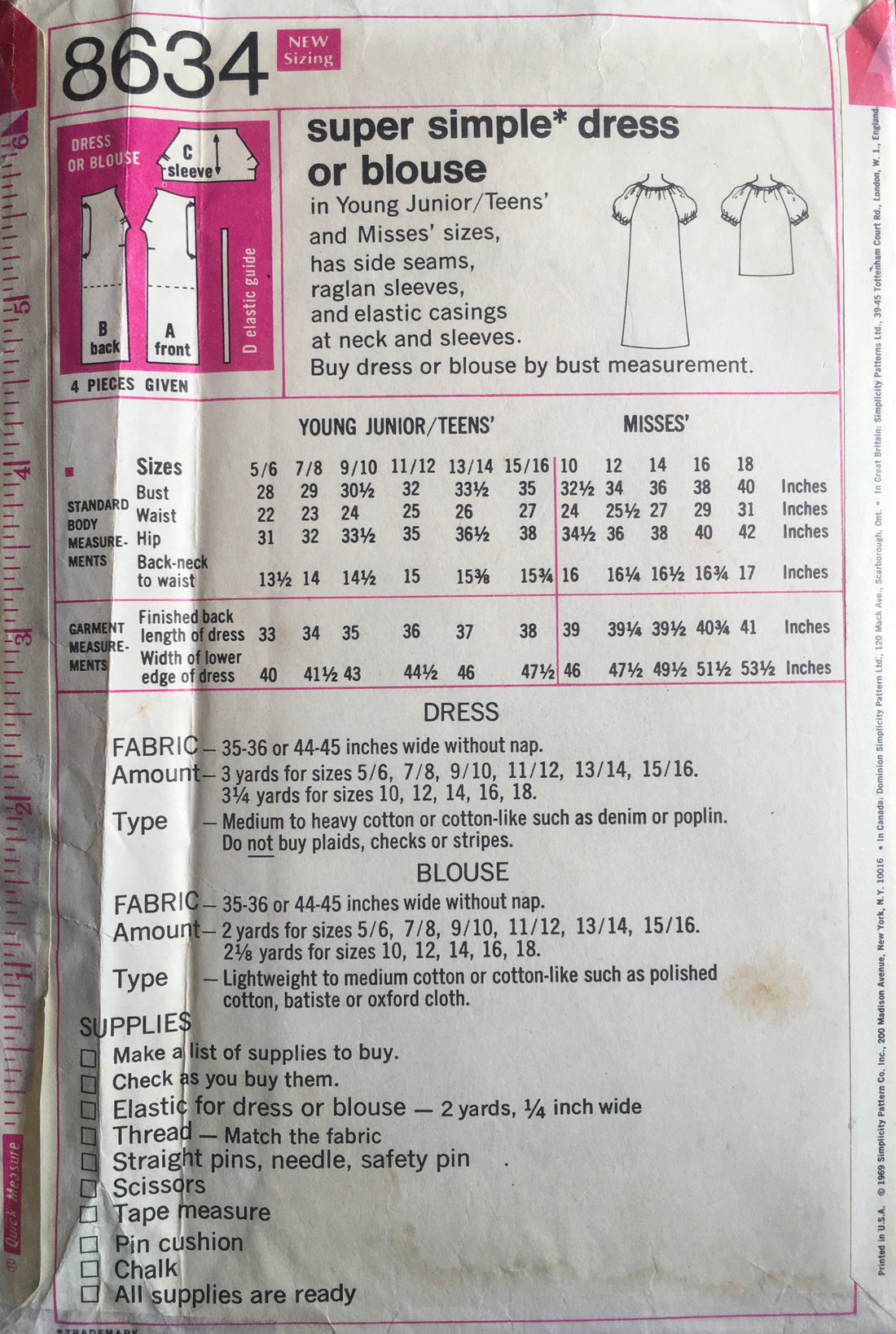 Simplicity 8634 Sewing Pattern (Vintage) CUT
