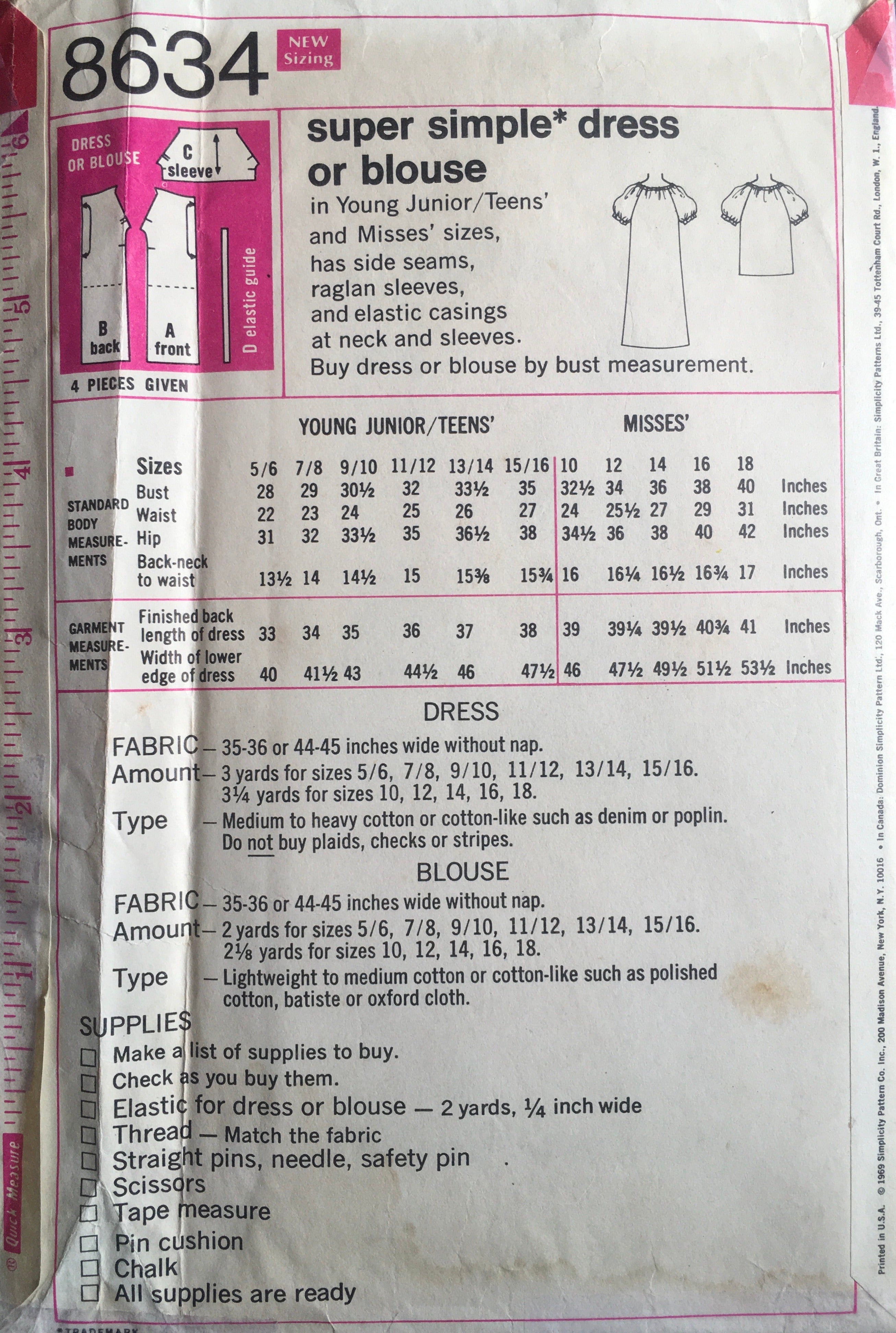 Simplicity 8634 Sewing Pattern (Vintage) CUT