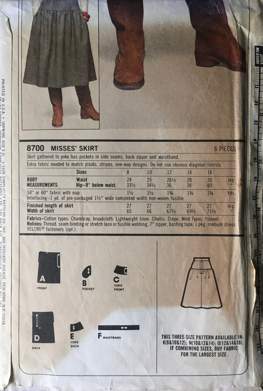 Simplicity 8700 Sewing Pattern (Vintage) CUT