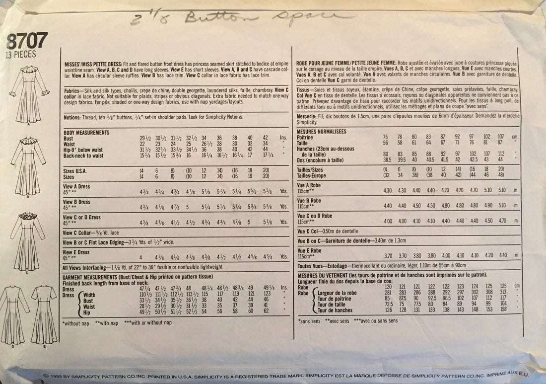 Simplicity 8707 Sewing Pattern (Vintage) CUT