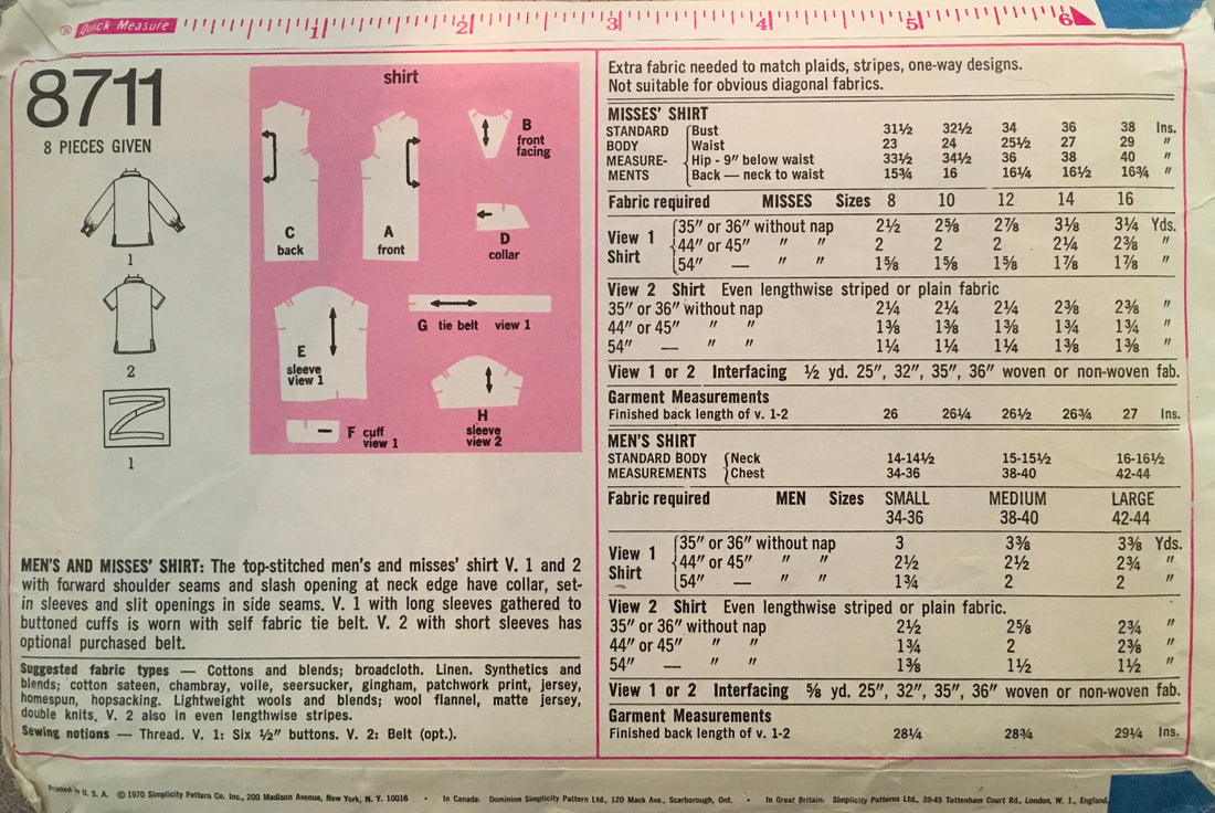 Simplicity 8711 Sewing Pattern (Vintage) CUT