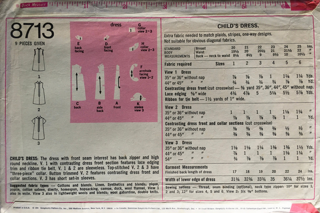 Simplicity 8713 Sewing Pattern (Vintage) CUT