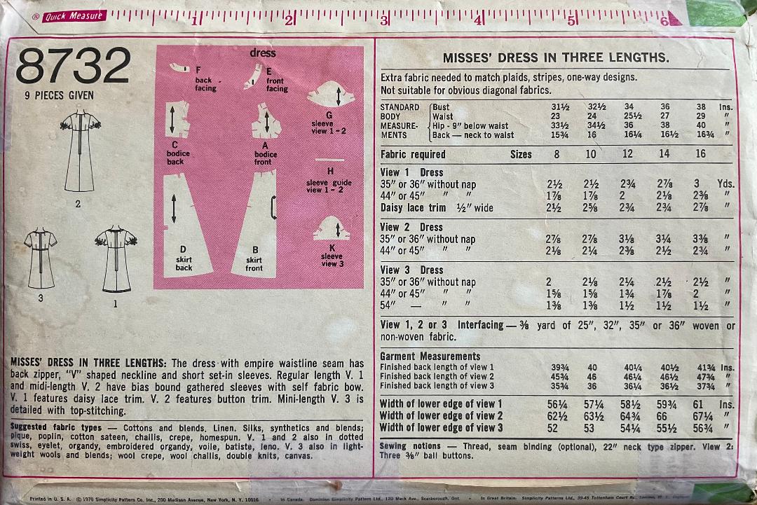 Simplicity 8732 Sewing Pattern (Vintage) CUT