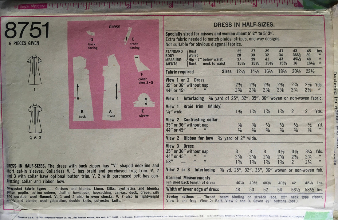 Simplicity 8751 Sewing Pattern (Vintage) CUT