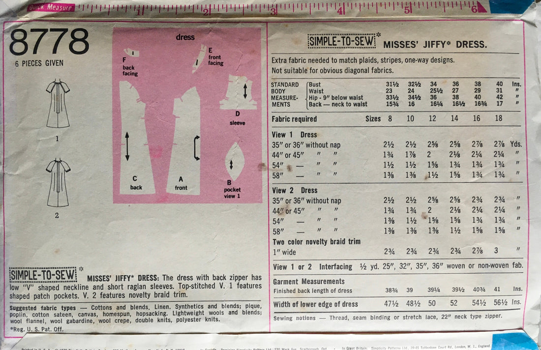 Simplicity 8778 Sewing Pattern (Vintage) CUT