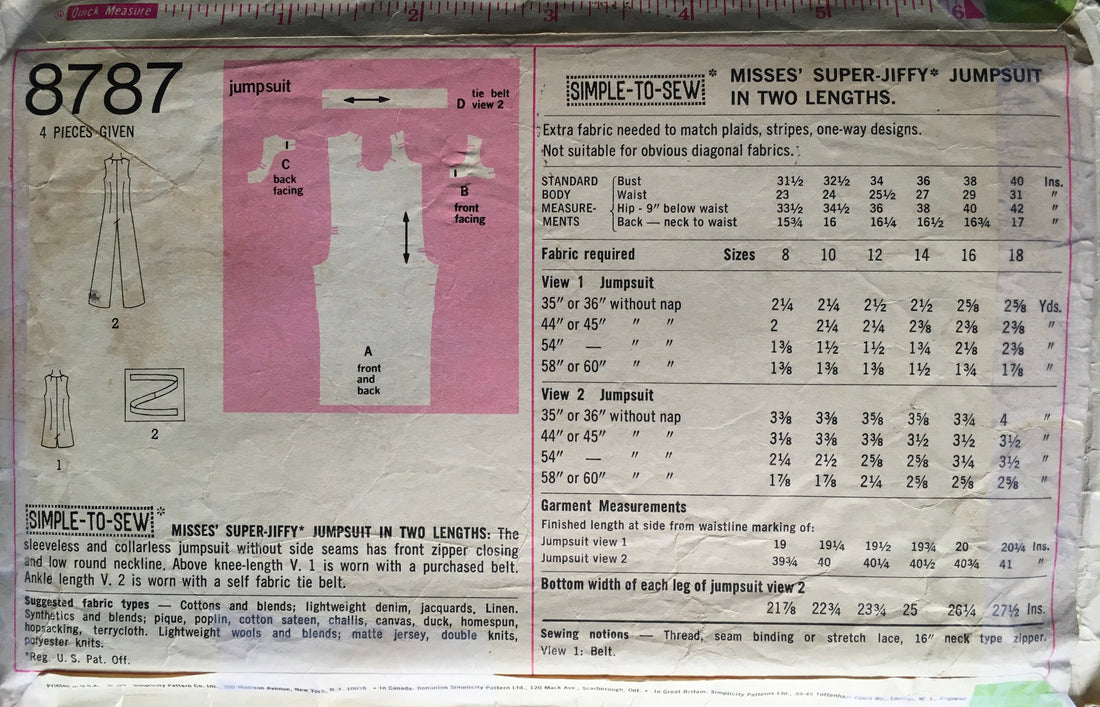 Simplicity 8787 Sewing Pattern (Vintage) CUT