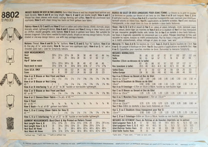 Simplicity 8802 Sewing Pattern (Vintage) CUT