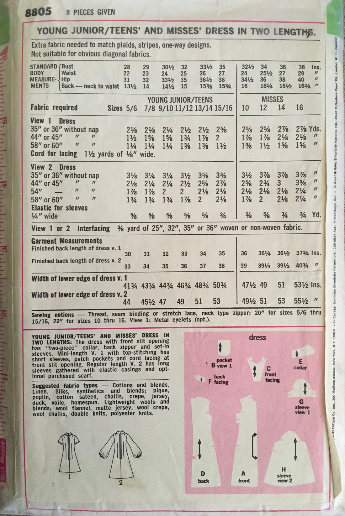 Simplicity 8805 Sewing Pattern (Vintage) CUT