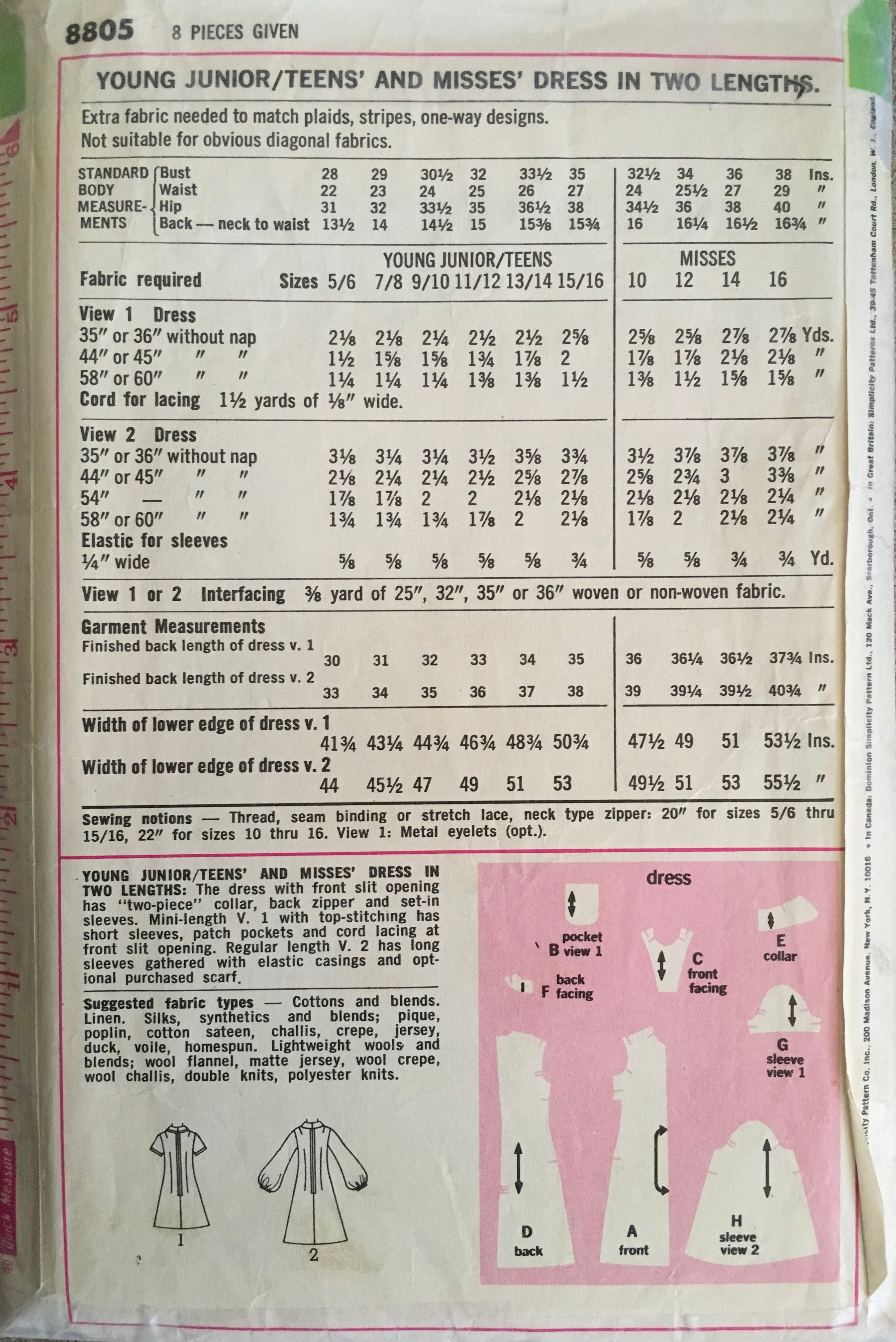 Simplicity 8805 Sewing Pattern (Vintage) CUT