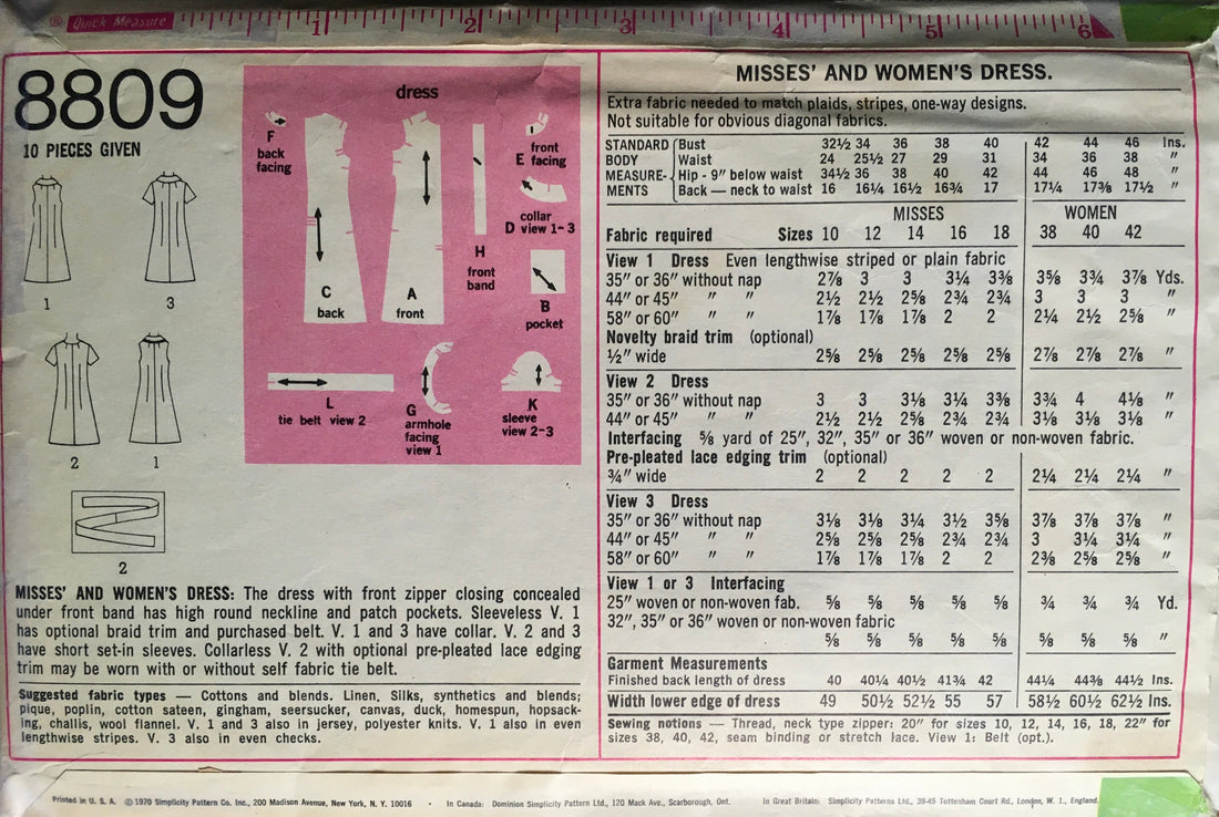 Simplicity 8809 Sewing Pattern (Vintage) CUT