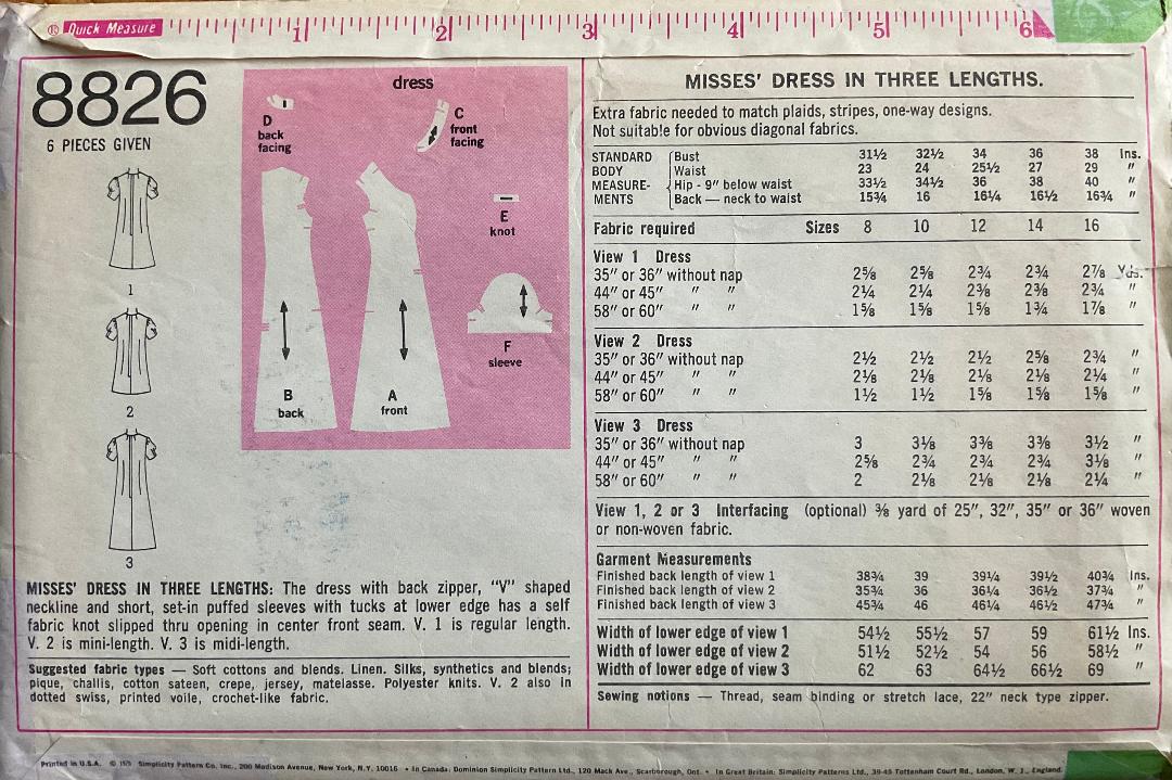 Simplicity 8826 Sewing Pattern (Vintage) CUT