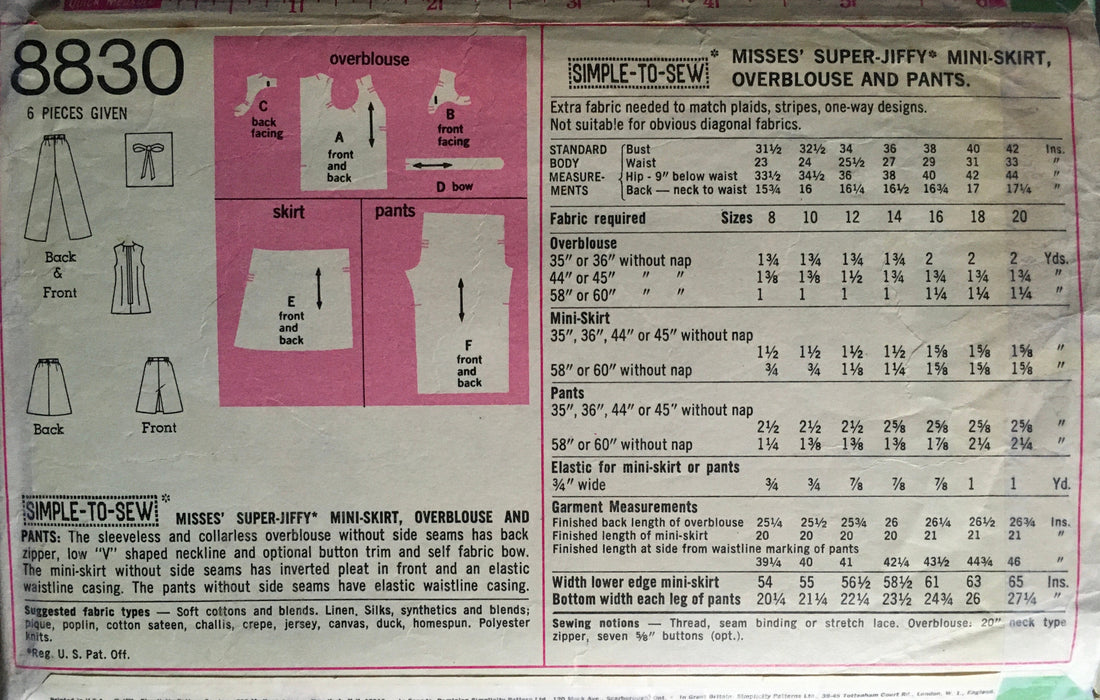 Simplicity 8830 Sewing Pattern (Vintage) CUT