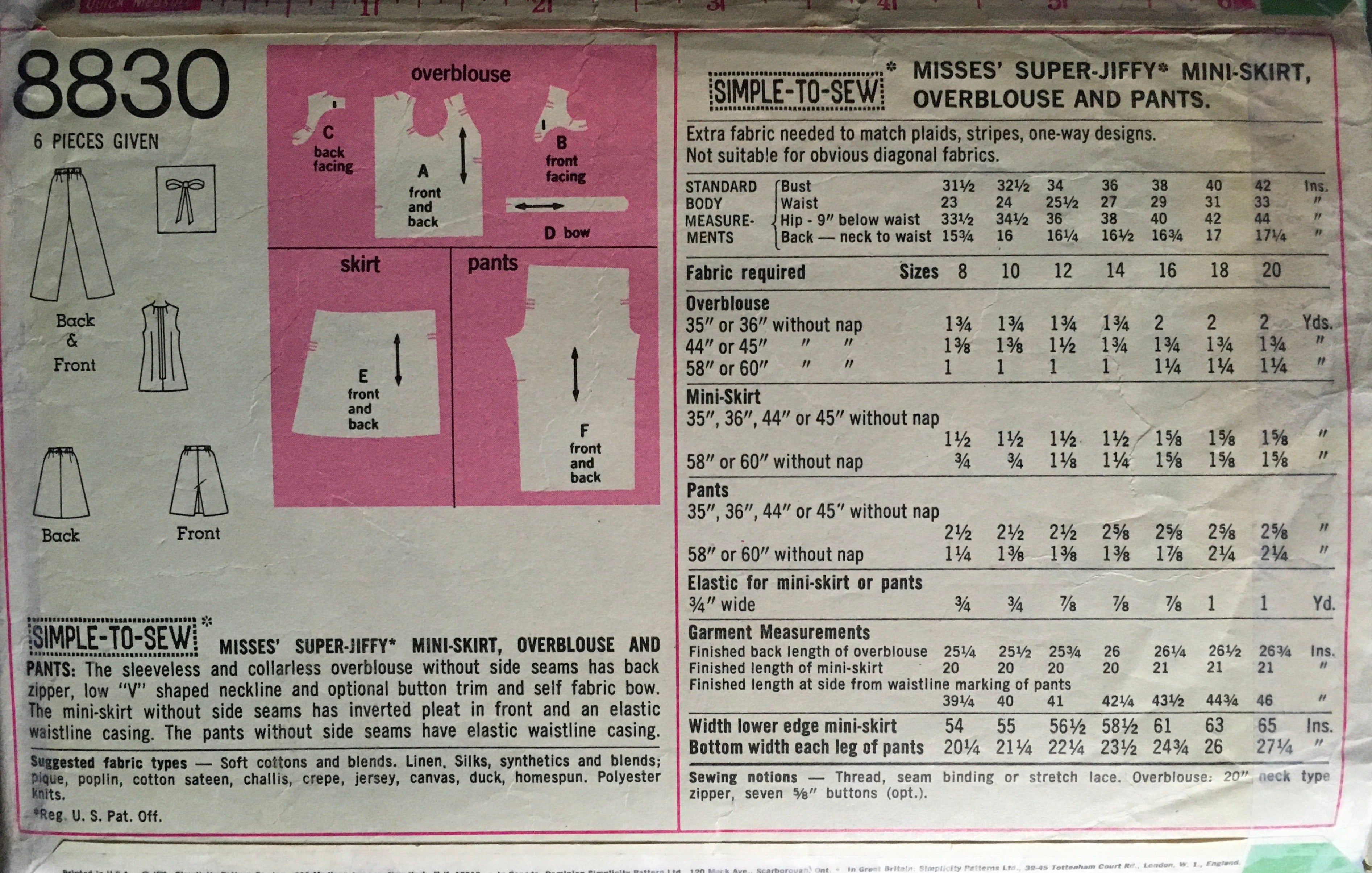 Simplicity 8830 Sewing Pattern (Vintage) CUT