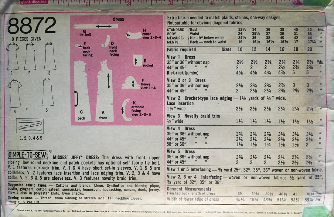 Simplicity 8872 Sewing Pattern (Vintage) CUT