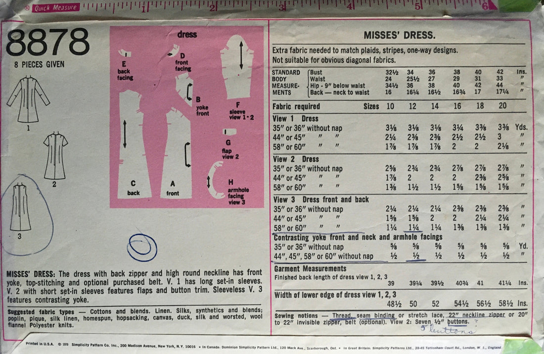 Simplicity 8878 Sewing Pattern (Vintage) CUT