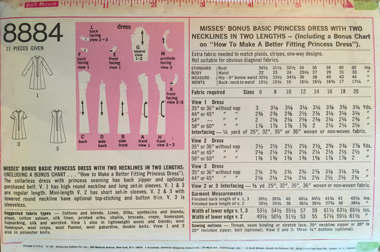 Simplicity 8884 Sewing Pattern (Vintage) CUT