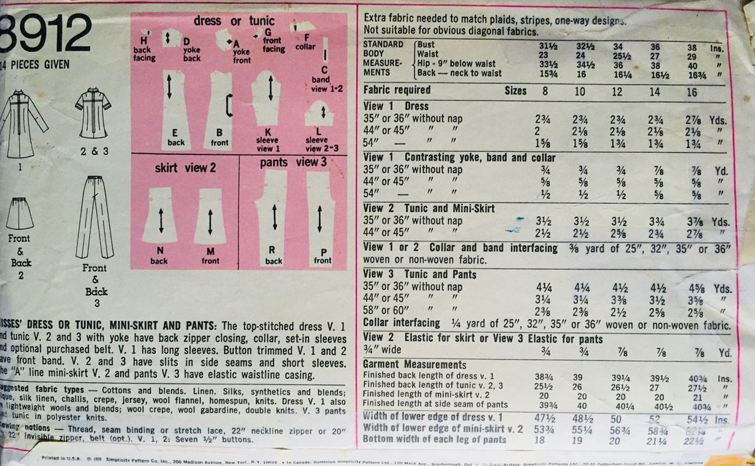 Simplicity 8912 Sewing Pattern (Vintage) CUT