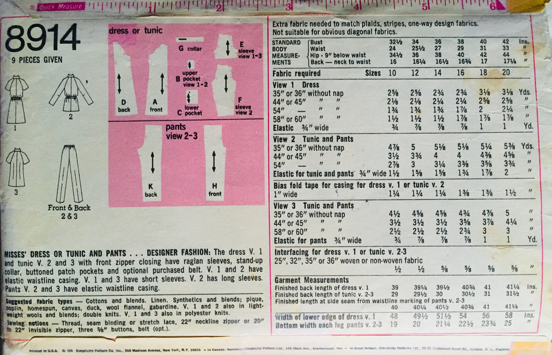 Simplicity 8914 Sewing Pattern (Vintage) CUT