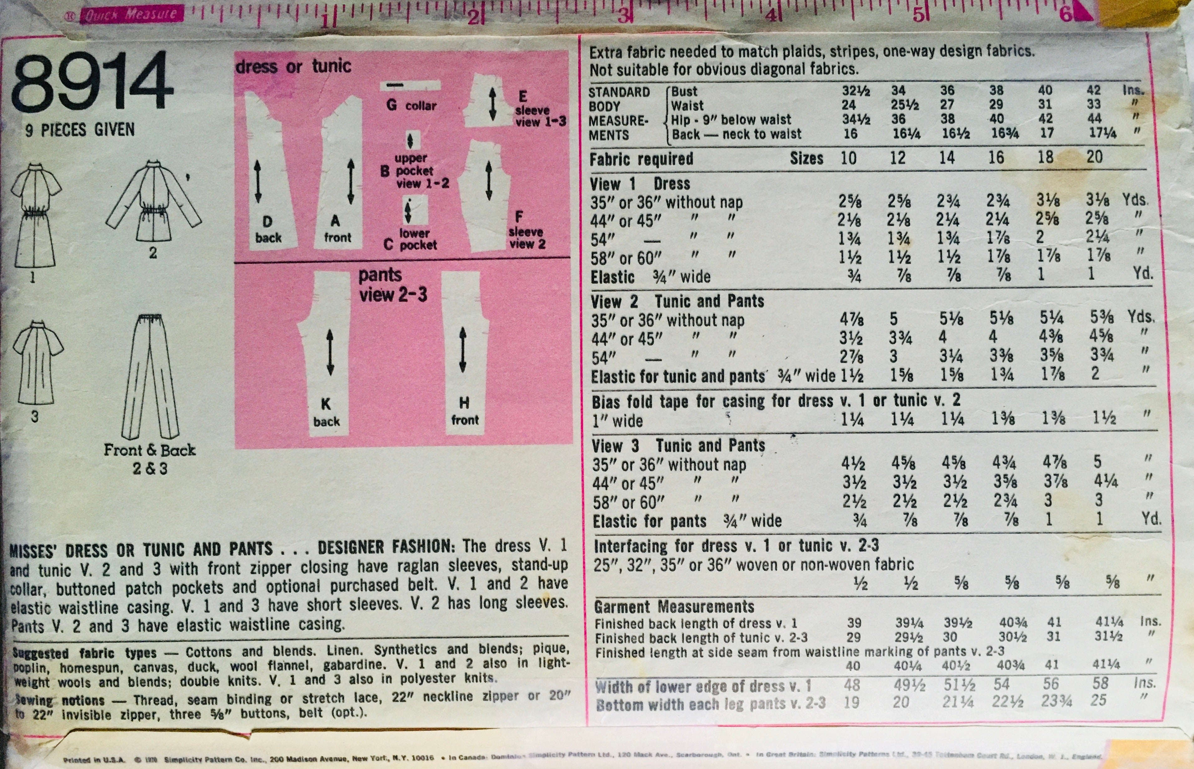 Simplicity 8914 Sewing Pattern (Vintage) CUT