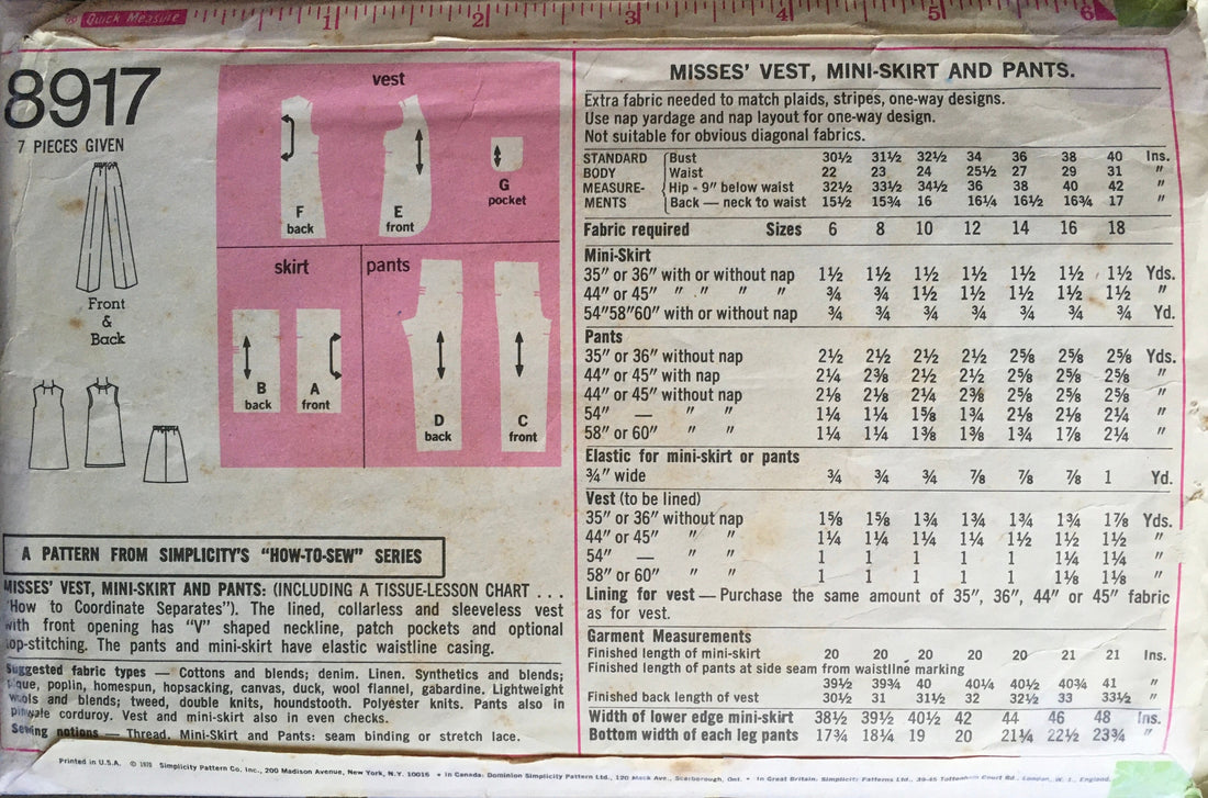 Simplicity 8917 Sewing Pattern (Vintage) CUT