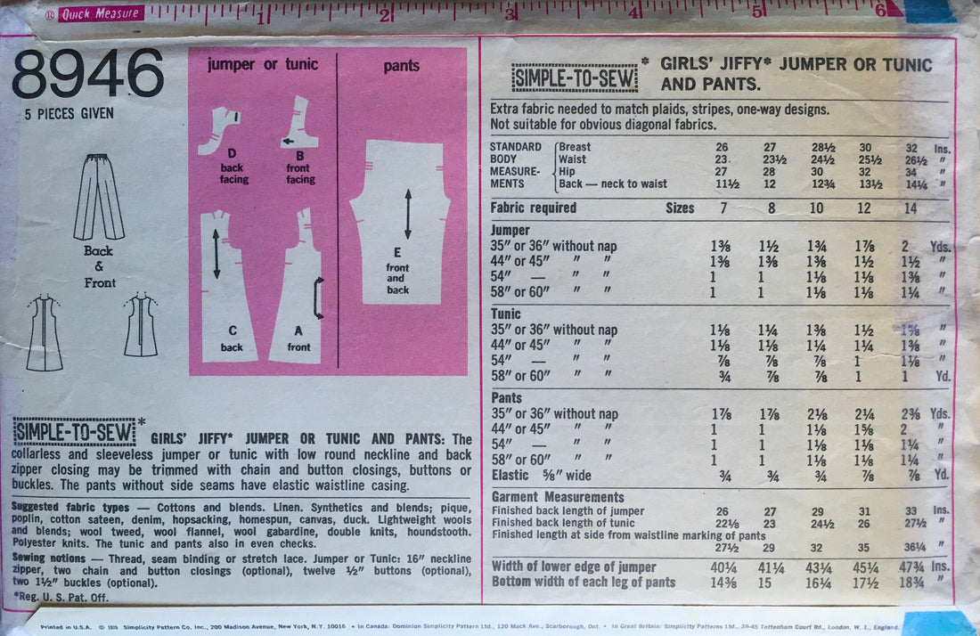 Simplicity 8946 Sewing Pattern (Vintage) CUT