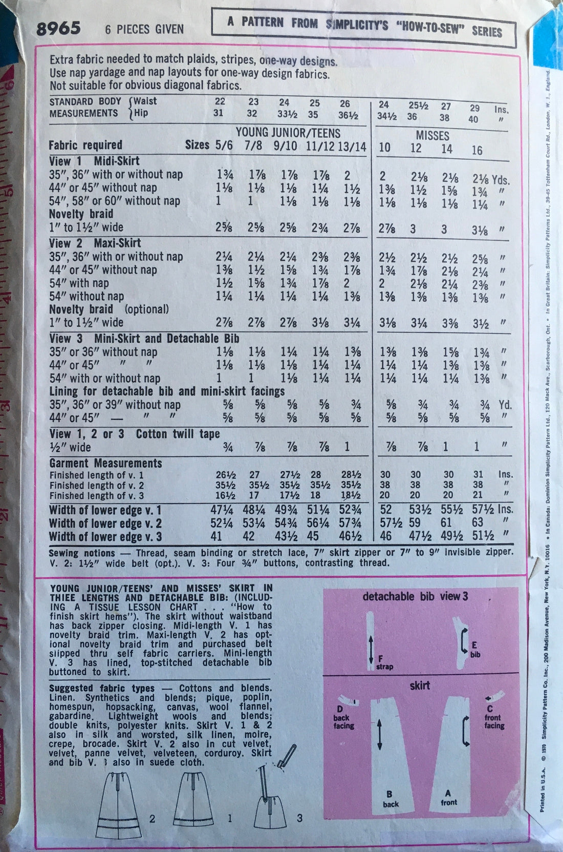 Simplicity 8965 Sewing Pattern (Vintage) CUT