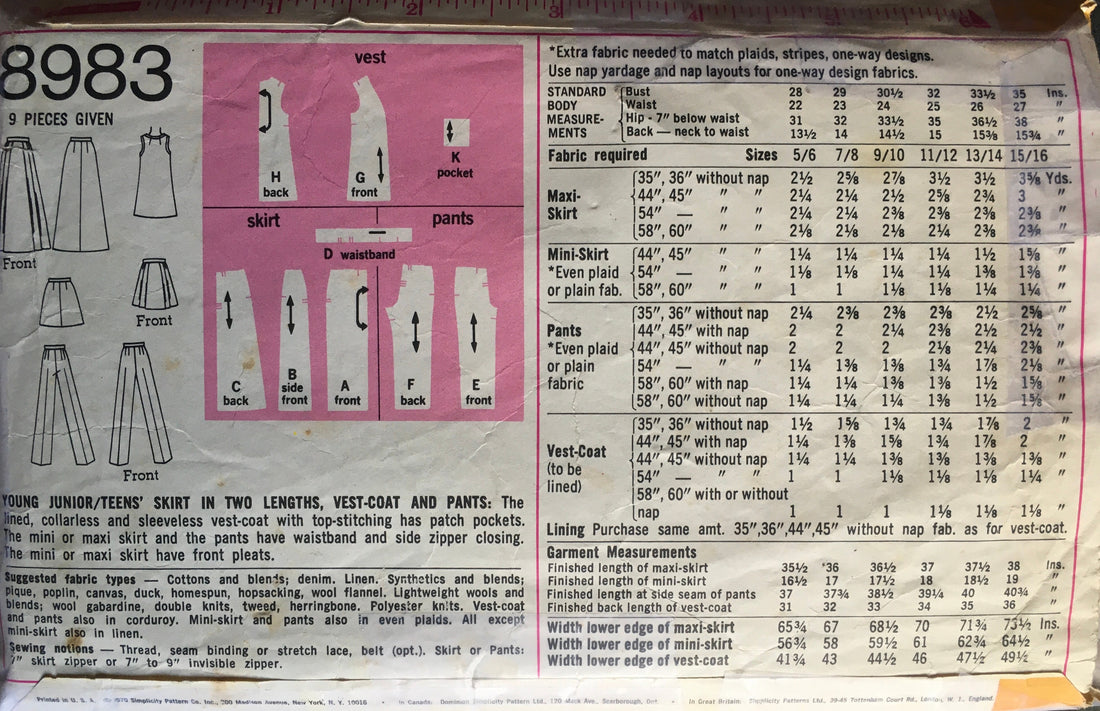 Simplicity 8983 Sewing Pattern (Vintage) CUT