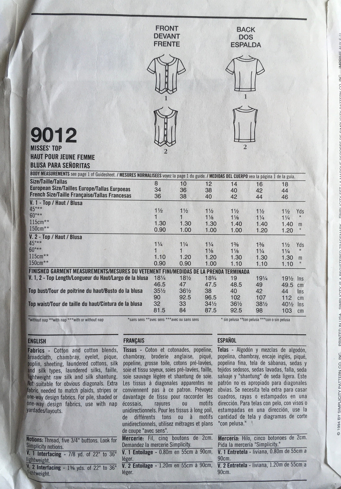 Simplicity 9012 Sewing Pattern (Vintage) CUT