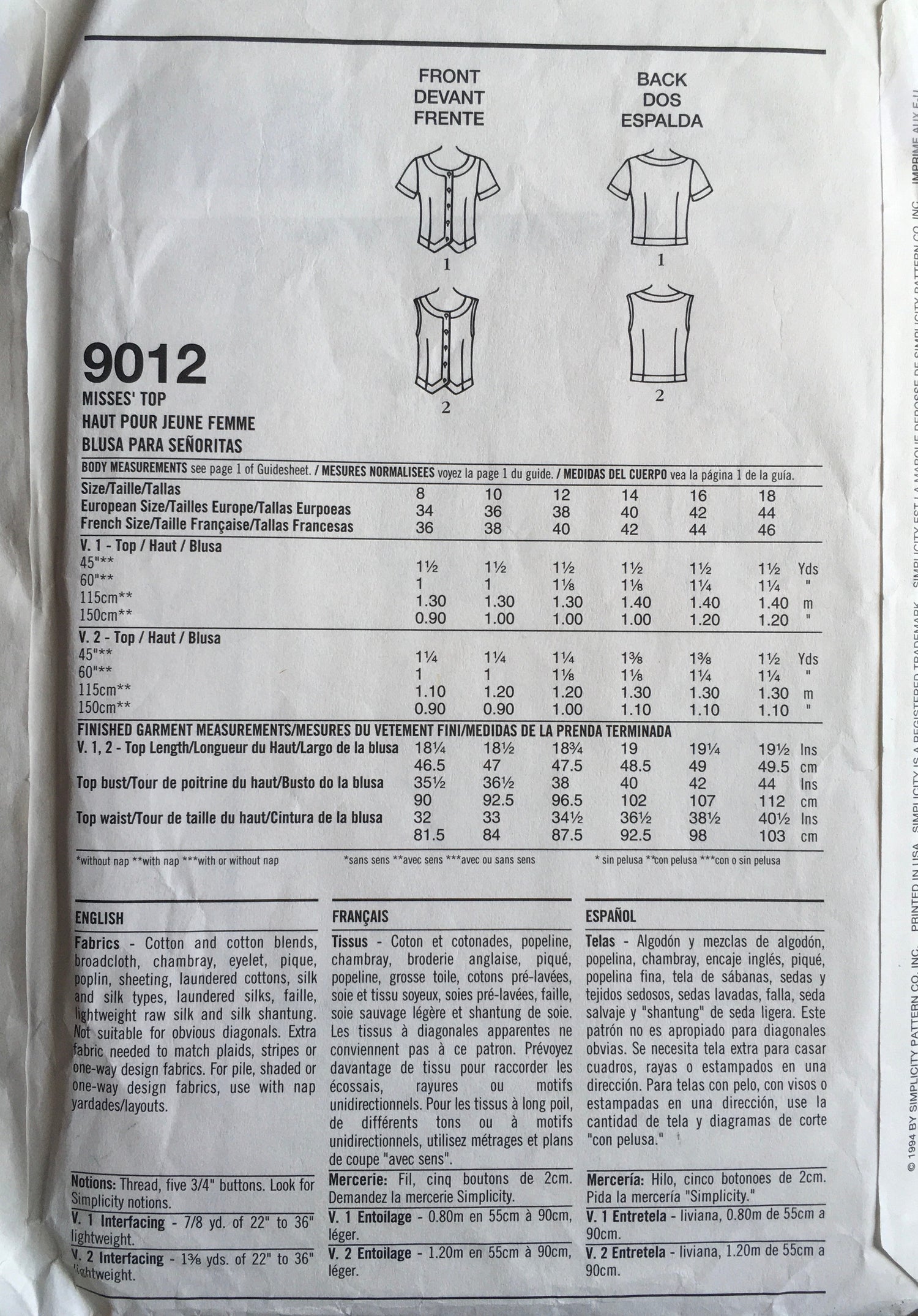 Simplicity 9012 Sewing Pattern (Vintage) CUT