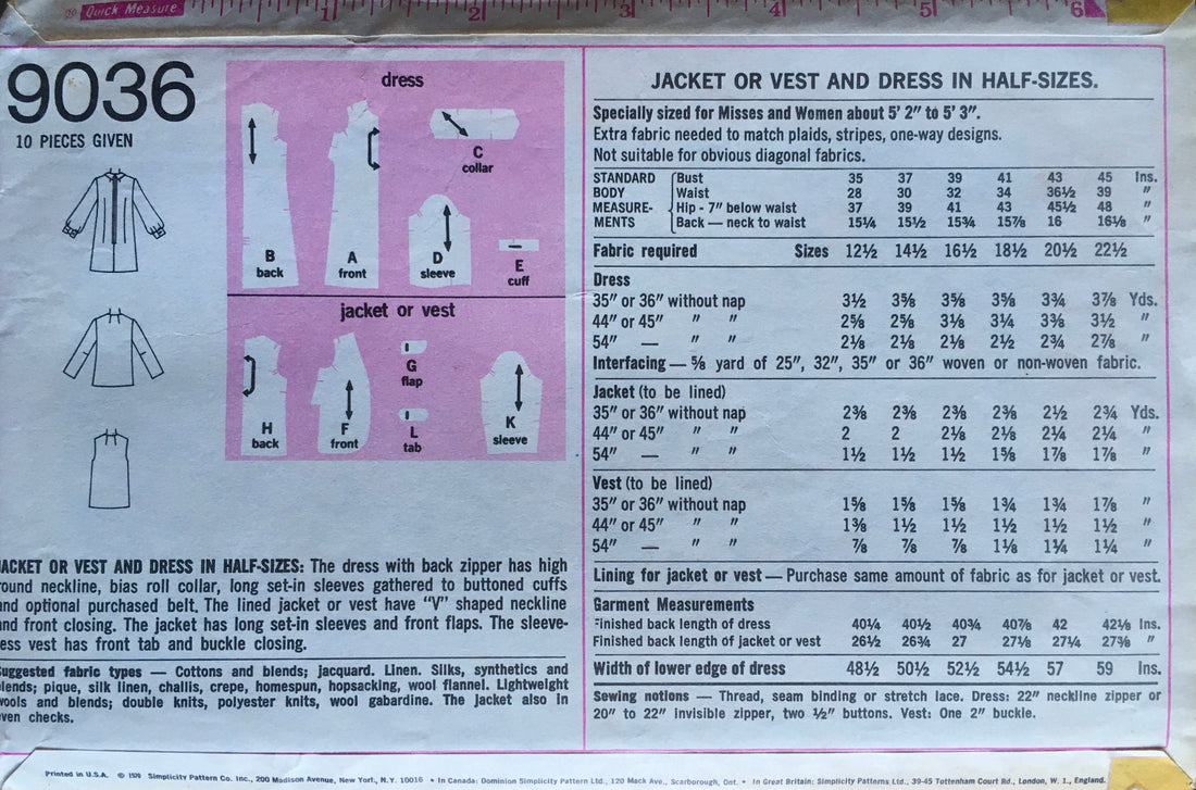 Simplicity 9036 Sewing Pattern (Vintage) UNCUT