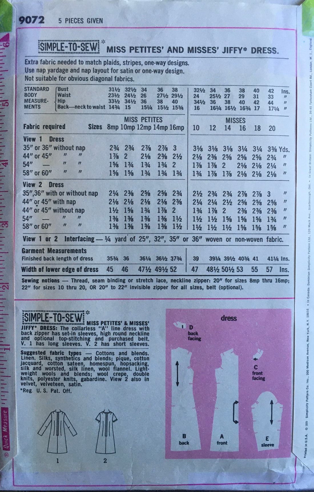 Simplicity 9072 Sewing Pattern (Vintage) CUT