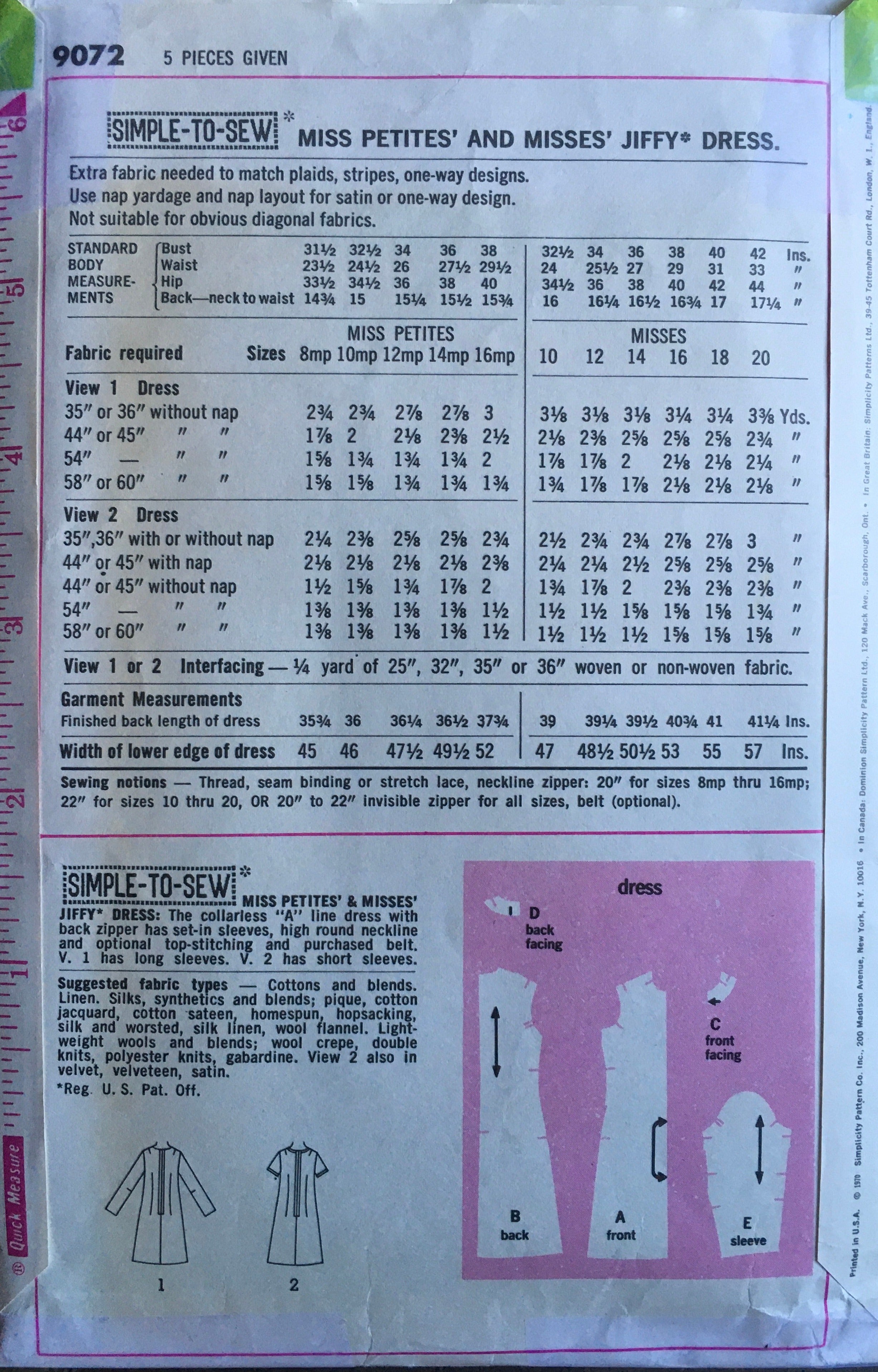 Simplicity 9072 Sewing Pattern (Vintage) CUT
