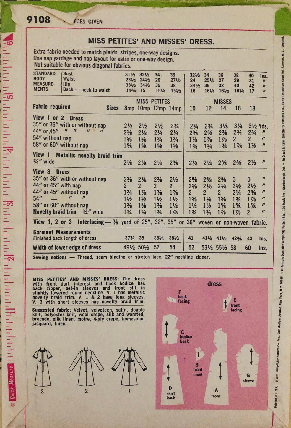 Simplicity 9108 Sewing Pattern (Vintage) CUT