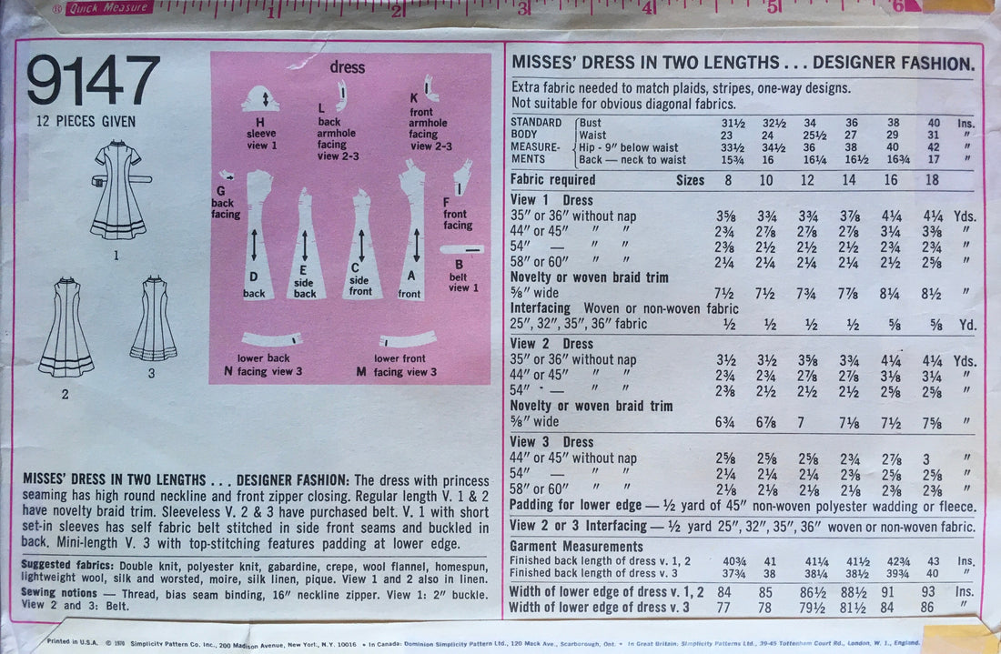 Simplicity 9147 Sewing Pattern (Vintage) UNCUT