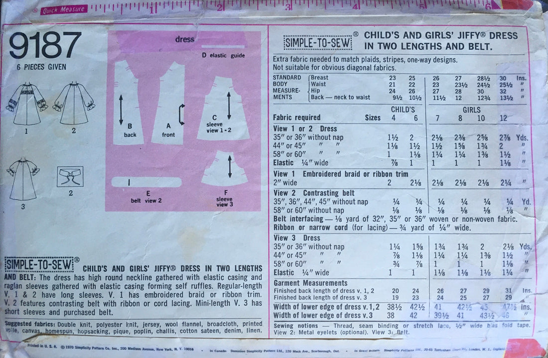 Simplicity 9187 Sewing Pattern (Vintage) CUT