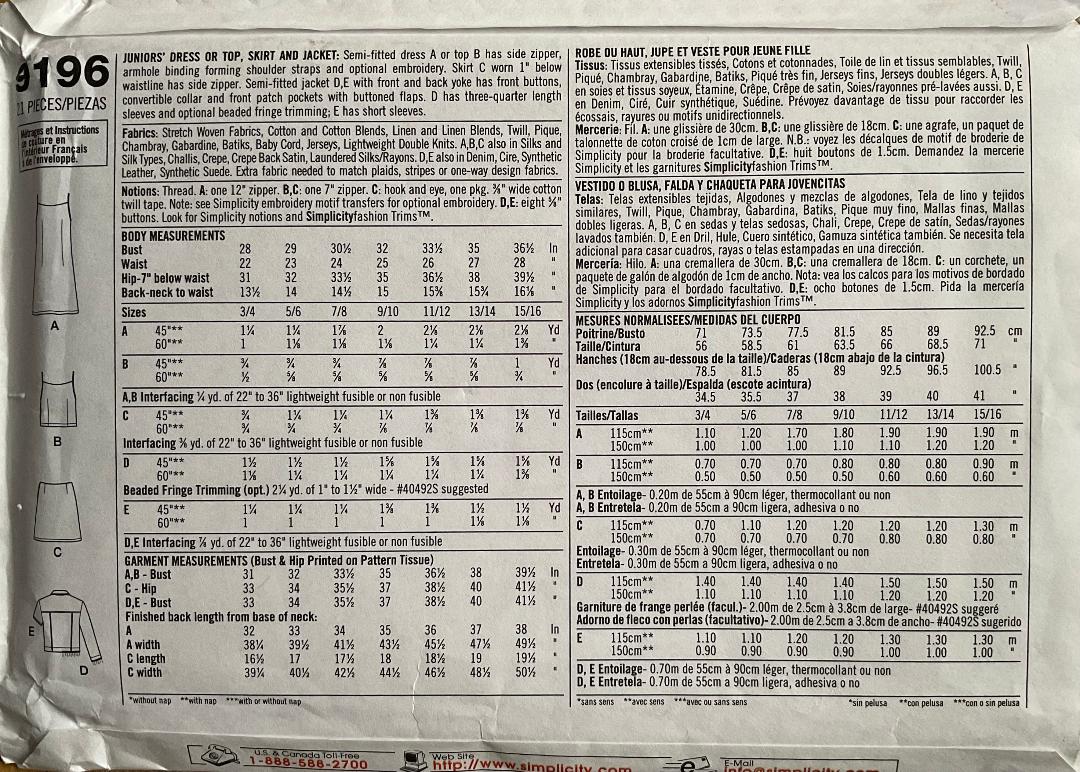 Simplicity 9196 Sewing Pattern (Vintage) UNCUT