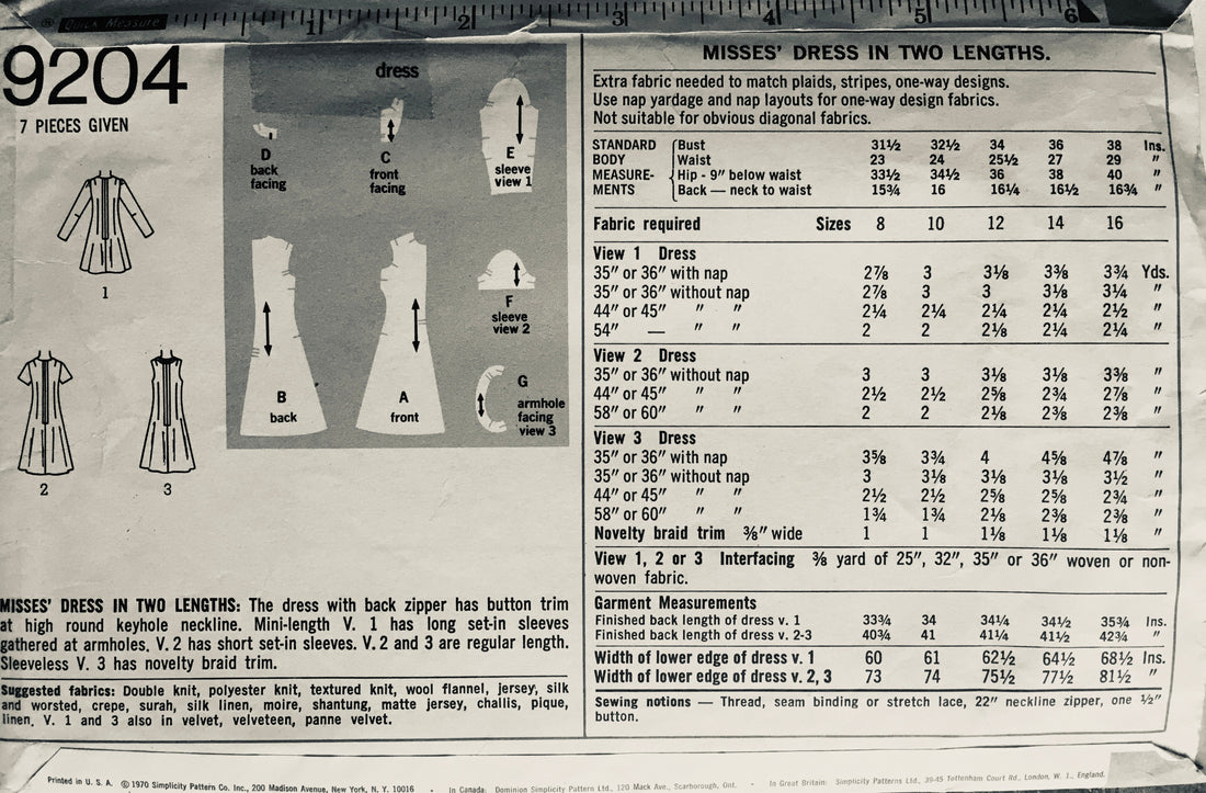 Simplicity 9204 Sewing Pattern (Vintage) CUT
