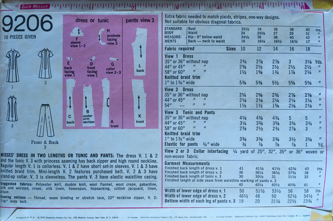 Simplicity 9206 Sewing Pattern (Vintage) CUT