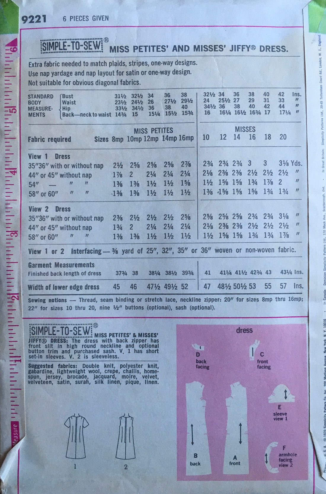 Simplicity 9221 Sewing Pattern (Vintage) UNCUT/CUT